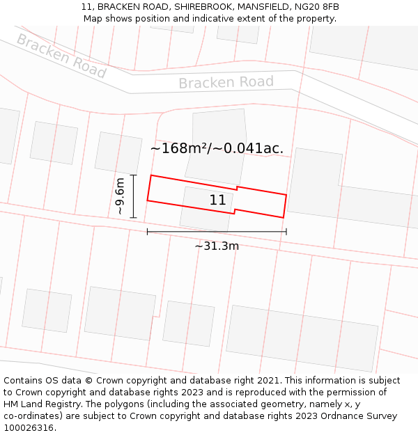 11, BRACKEN ROAD, SHIREBROOK, MANSFIELD, NG20 8FB: Plot and title map