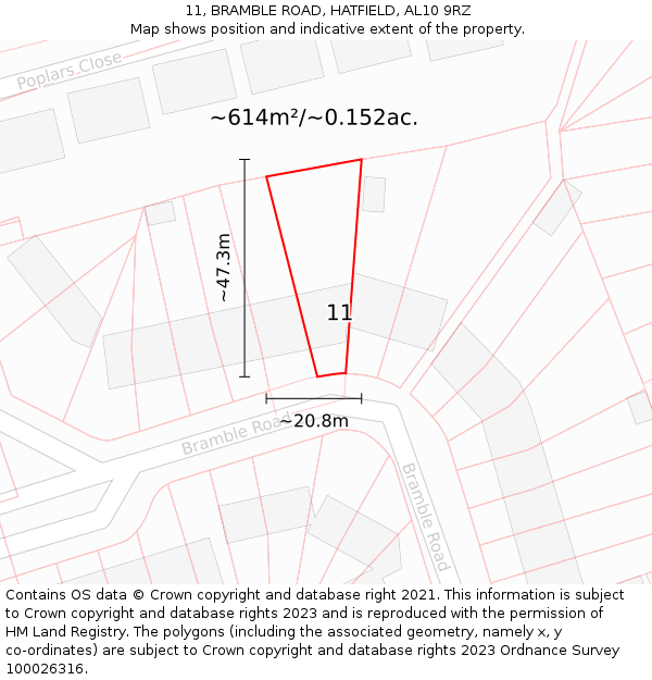 11, BRAMBLE ROAD, HATFIELD, AL10 9RZ: Plot and title map