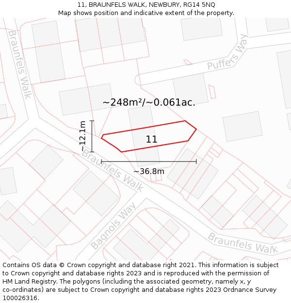 11, BRAUNFELS WALK, NEWBURY, RG14 5NQ: Plot and title map