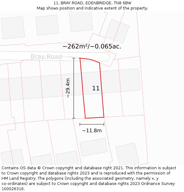 11, BRAY ROAD, EDENBRIDGE, TN8 6BW: Plot and title map