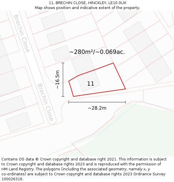 11, BRECHIN CLOSE, HINCKLEY, LE10 0UX: Plot and title map