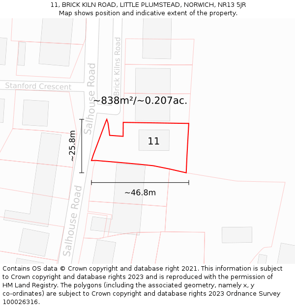 11, BRICK KILN ROAD, LITTLE PLUMSTEAD, NORWICH, NR13 5JR: Plot and title map