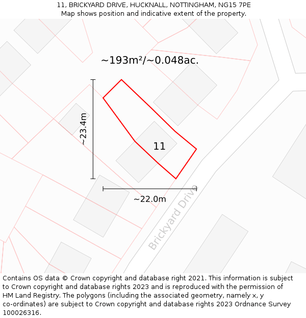 11, BRICKYARD DRIVE, HUCKNALL, NOTTINGHAM, NG15 7PE: Plot and title map