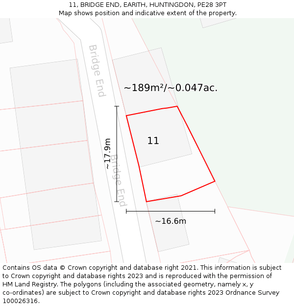 11, BRIDGE END, EARITH, HUNTINGDON, PE28 3PT: Plot and title map