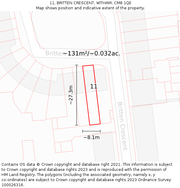 11, BRITTEN CRESCENT, WITHAM, CM8 1QE: Plot and title map