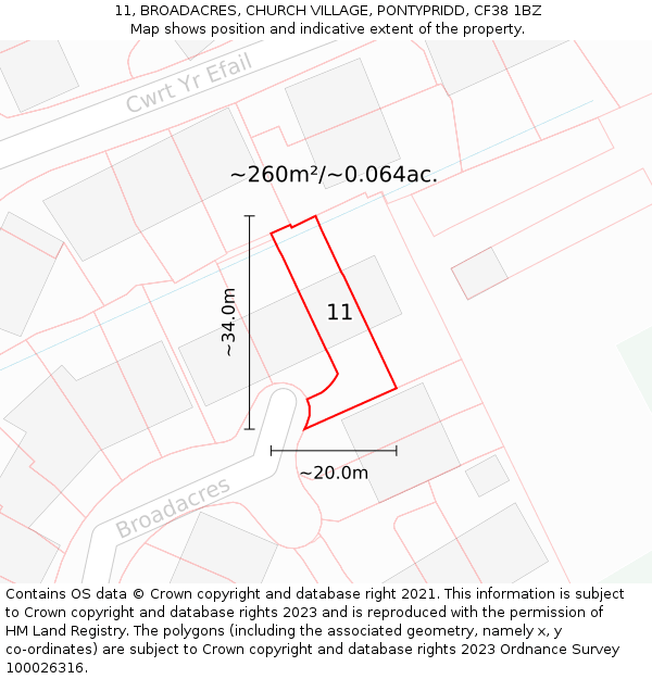 11, BROADACRES, CHURCH VILLAGE, PONTYPRIDD, CF38 1BZ: Plot and title map