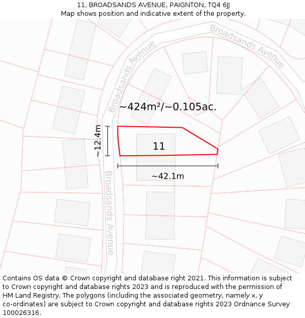 11, BROADSANDS AVENUE, PAIGNTON, TQ4 6JJ: Plot and title map