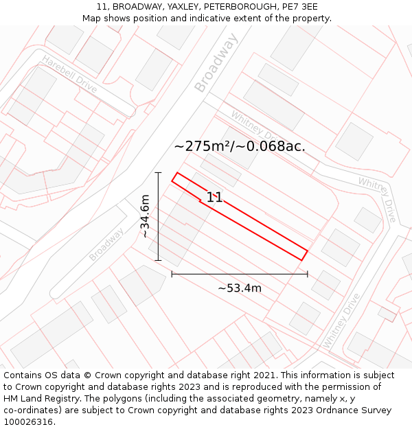 11, BROADWAY, YAXLEY, PETERBOROUGH, PE7 3EE: Plot and title map