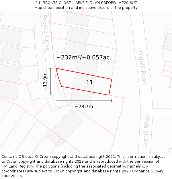 11, BRONTE CLOSE, LARKFIELD, AYLESFORD, ME20 6UT: Plot and title map