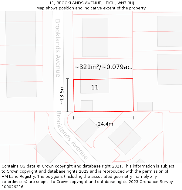 11, BROOKLANDS AVENUE, LEIGH, WN7 3HJ: Plot and title map