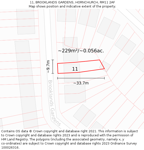 11, BROOKLANDS GARDENS, HORNCHURCH, RM11 2AF: Plot and title map