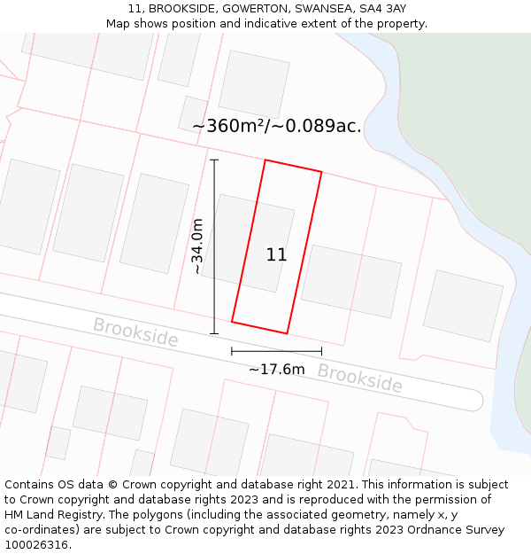 11, BROOKSIDE, GOWERTON, SWANSEA, SA4 3AY: Plot and title map