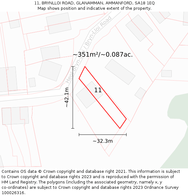 11, BRYNLLOI ROAD, GLANAMMAN, AMMANFORD, SA18 1EQ: Plot and title map