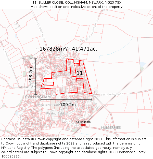 11, BULLER CLOSE, COLLINGHAM, NEWARK, NG23 7SX: Plot and title map