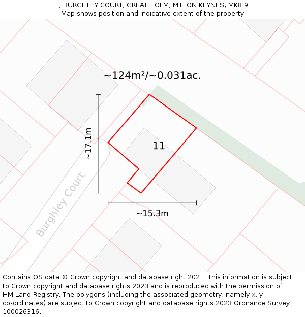 11, BURGHLEY COURT, GREAT HOLM, MILTON KEYNES, MK8 9EL: Plot and title map