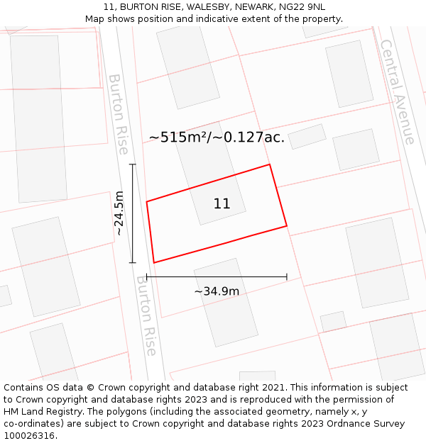 11, BURTON RISE, WALESBY, NEWARK, NG22 9NL: Plot and title map