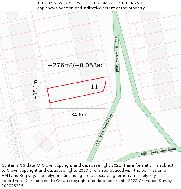 11, BURY NEW ROAD, WHITEFIELD, MANCHESTER, M45 7FL: Plot and title map