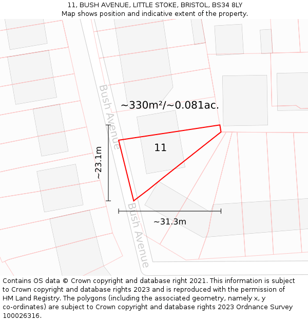 11, BUSH AVENUE, LITTLE STOKE, BRISTOL, BS34 8LY: Plot and title map