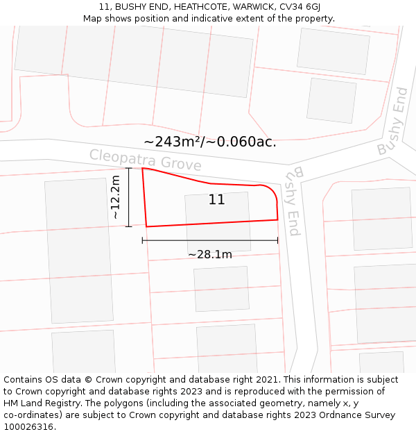 11, BUSHY END, HEATHCOTE, WARWICK, CV34 6GJ: Plot and title map