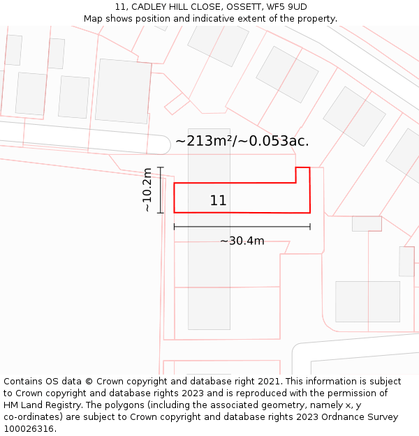 11, CADLEY HILL CLOSE, OSSETT, WF5 9UD: Plot and title map