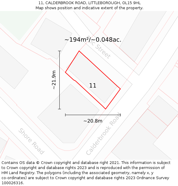 11, CALDERBROOK ROAD, LITTLEBOROUGH, OL15 9HL: Plot and title map