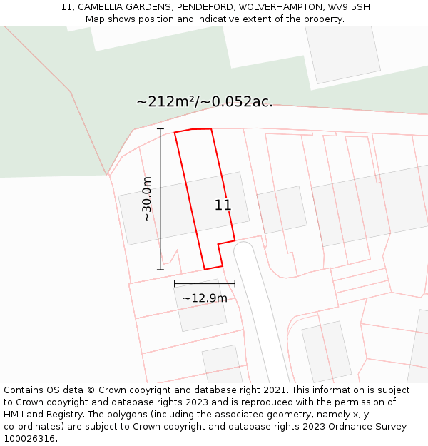 11, CAMELLIA GARDENS, PENDEFORD, WOLVERHAMPTON, WV9 5SH: Plot and title map