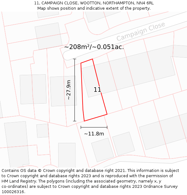 11, CAMPAIGN CLOSE, WOOTTON, NORTHAMPTON, NN4 6RL: Plot and title map