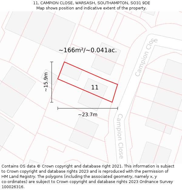 11, CAMPION CLOSE, WARSASH, SOUTHAMPTON, SO31 9DE: Plot and title map