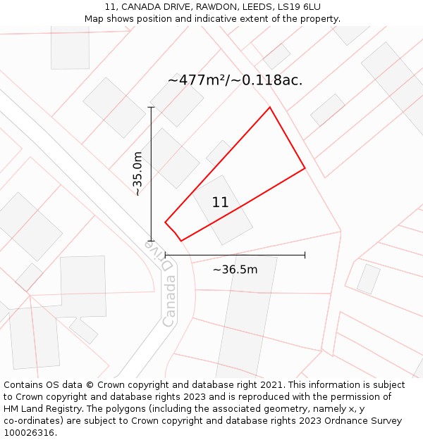 11, CANADA DRIVE, RAWDON, LEEDS, LS19 6LU: Plot and title map