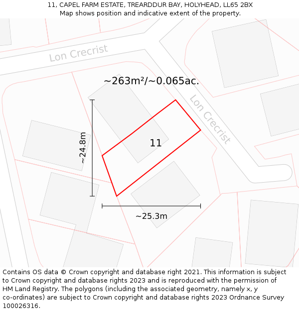 11, CAPEL FARM ESTATE, TREARDDUR BAY, HOLYHEAD, LL65 2BX: Plot and title map