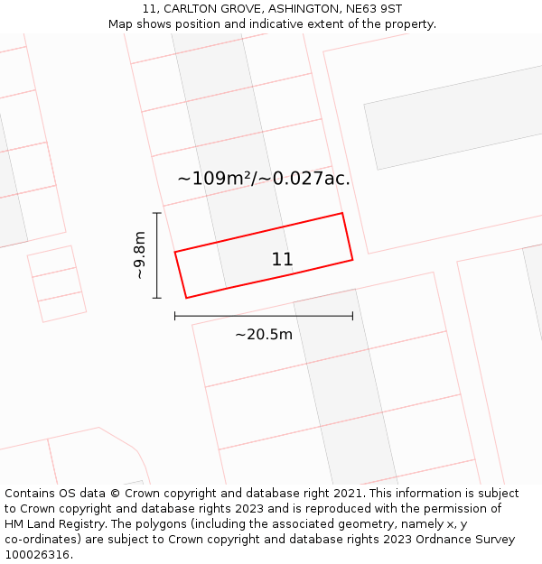 11, CARLTON GROVE, ASHINGTON, NE63 9ST: Plot and title map