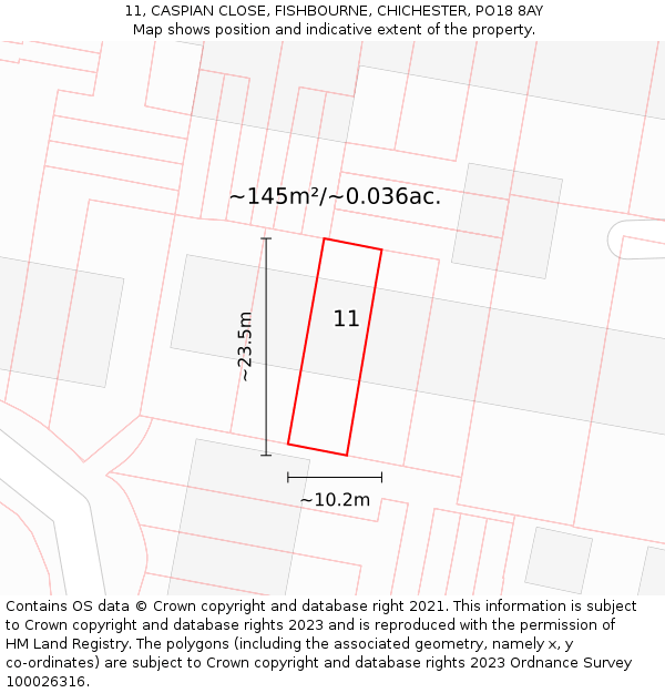 11, CASPIAN CLOSE, FISHBOURNE, CHICHESTER, PO18 8AY: Plot and title map