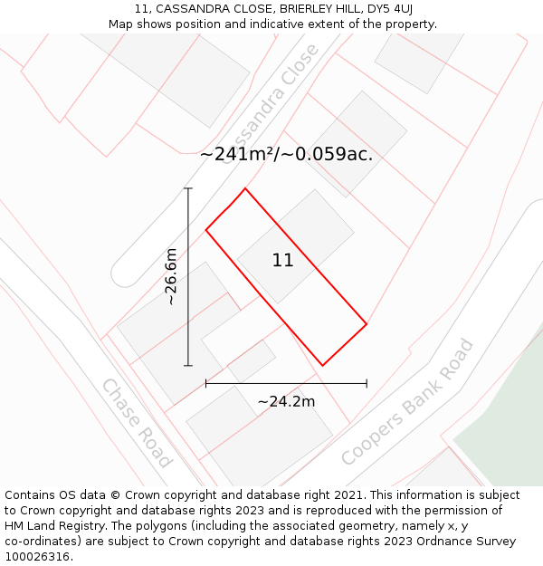 11, CASSANDRA CLOSE, BRIERLEY HILL, DY5 4UJ: Plot and title map