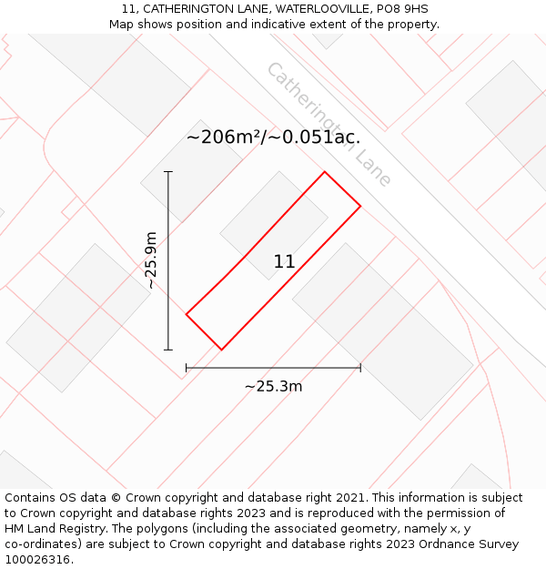11, CATHERINGTON LANE, WATERLOOVILLE, PO8 9HS: Plot and title map