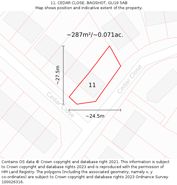 11, CEDAR CLOSE, BAGSHOT, GU19 5AB: Plot and title map