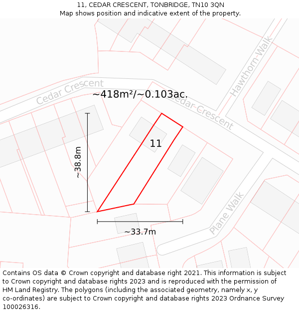 11, CEDAR CRESCENT, TONBRIDGE, TN10 3QN: Plot and title map