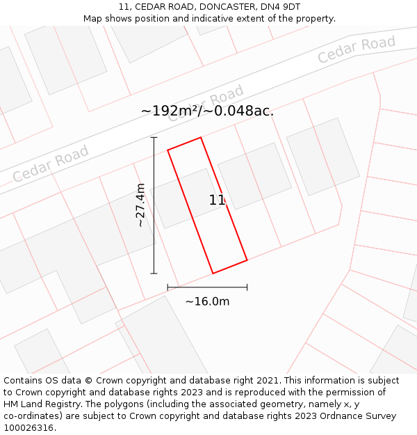 11, CEDAR ROAD, DONCASTER, DN4 9DT: Plot and title map