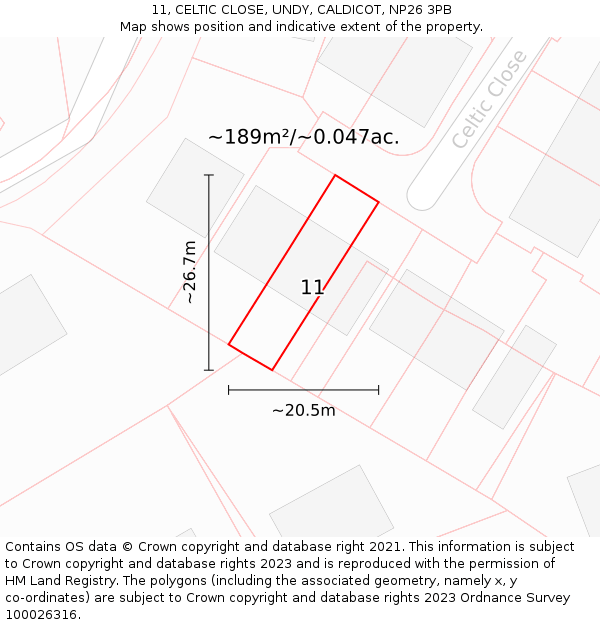 11, CELTIC CLOSE, UNDY, CALDICOT, NP26 3PB: Plot and title map