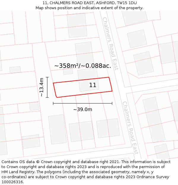 11, CHALMERS ROAD EAST, ASHFORD, TW15 1DU: Plot and title map