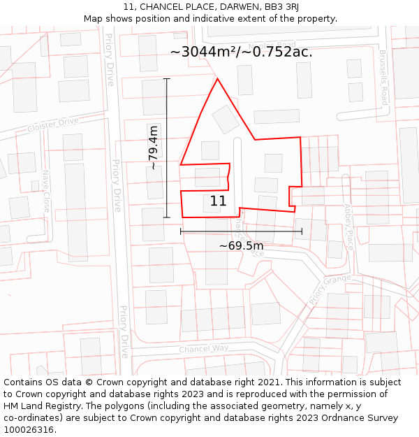 11, CHANCEL PLACE, DARWEN, BB3 3RJ: Plot and title map