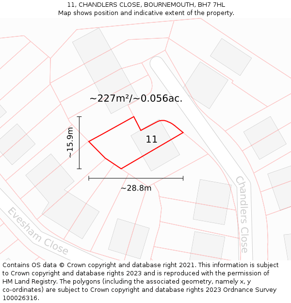 11, CHANDLERS CLOSE, BOURNEMOUTH, BH7 7HL: Plot and title map