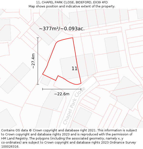 11, CHAPEL PARK CLOSE, BIDEFORD, EX39 4FD: Plot and title map