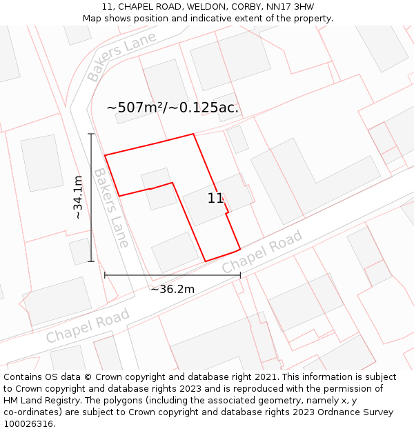 11, CHAPEL ROAD, WELDON, CORBY, NN17 3HW: Plot and title map