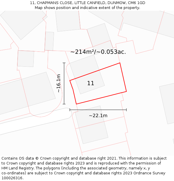 11, CHAPMANS CLOSE, LITTLE CANFIELD, DUNMOW, CM6 1GD: Plot and title map