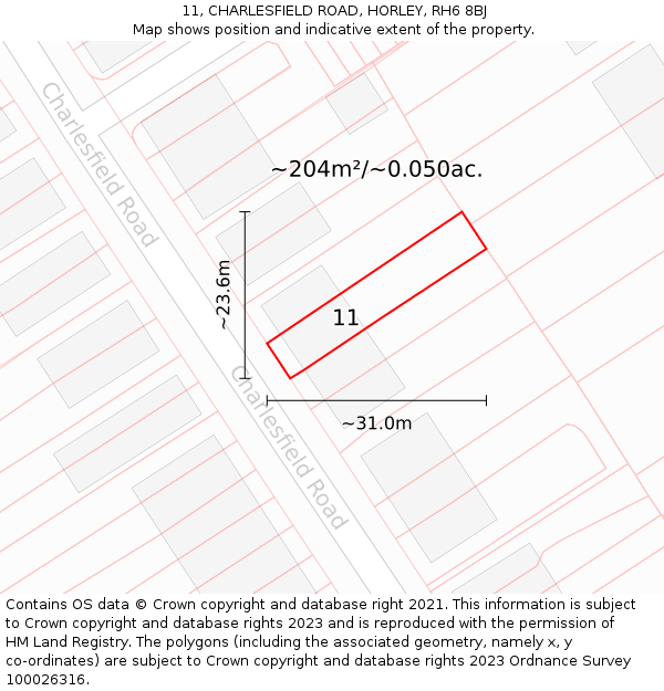 11, CHARLESFIELD ROAD, HORLEY, RH6 8BJ: Plot and title map