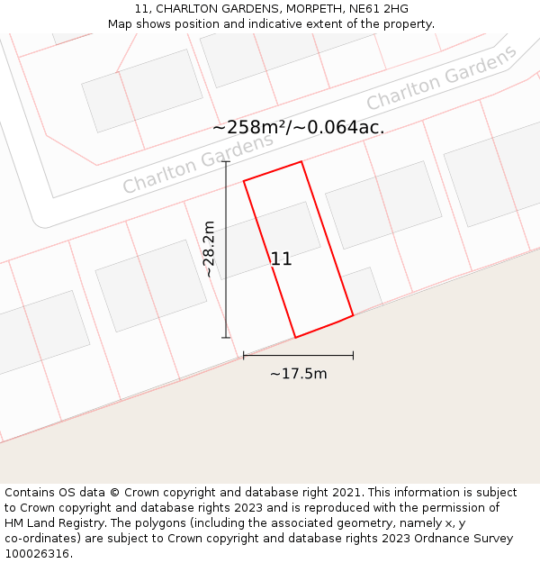 11, CHARLTON GARDENS, MORPETH, NE61 2HG: Plot and title map