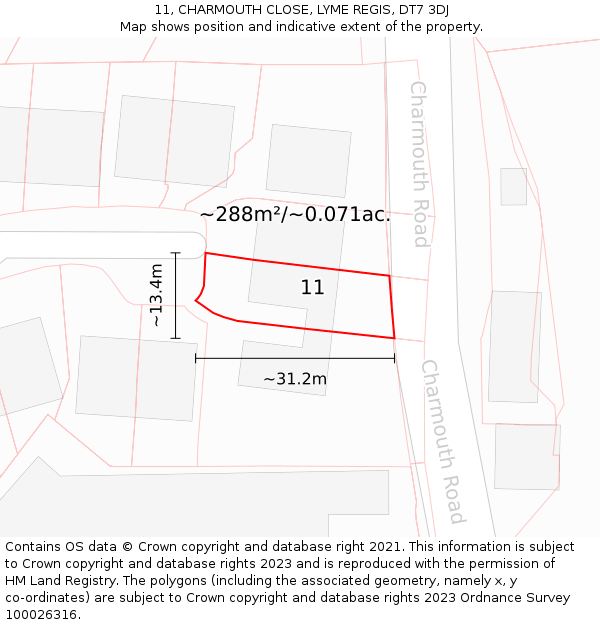 11, CHARMOUTH CLOSE, LYME REGIS, DT7 3DJ: Plot and title map