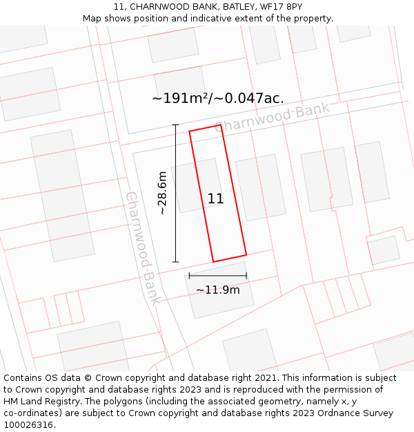 11, CHARNWOOD BANK, BATLEY, WF17 8PY: Plot and title map