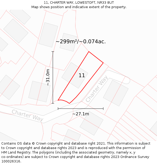 11, CHARTER WAY, LOWESTOFT, NR33 8UT: Plot and title map