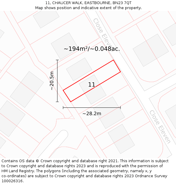 11, CHAUCER WALK, EASTBOURNE, BN23 7QT: Plot and title map